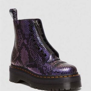 Purple Snake-Print Platform Ankle Boot with Front Zip